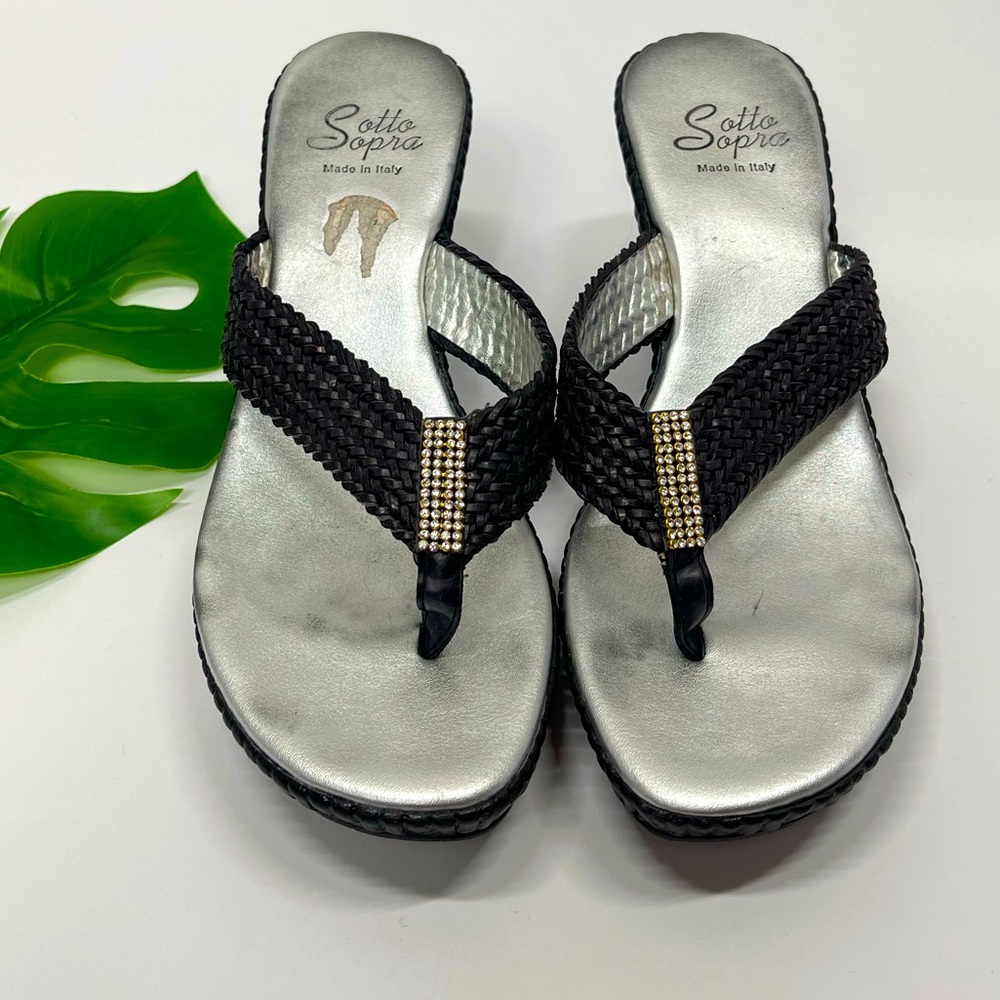 Y2K Rhinestone Sotto Sopra Wedge Flip-Flop Sandals Glitz Heels Euro Summer Shoes